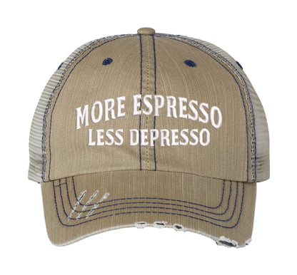 Khaki More Espresso Less Depresso Distressed Trucker Hat. This premium vintage-style cap is the perfect gift for the unapologetically bold, featuring a breathable mesh back and custom embroidery. - DSY Lifestyle