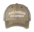 Khaki More Espresso Less Depresso Distressed Trucker Hat. This premium vintage-style cap is the perfect gift for the unapologetically bold, featuring a breathable mesh back and custom embroidery. - DSY Lifestyle
