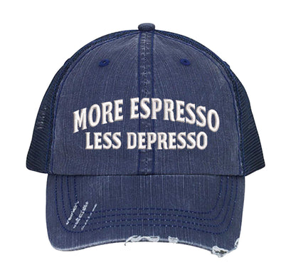 Navy Blue More Espresso Less Depresso Distressed Trucker Hat. This premium vintage-style cap is the perfect gift for the unapologetically bold, featuring a breathable mesh back and custom embroidery. - DSY Lifestyle