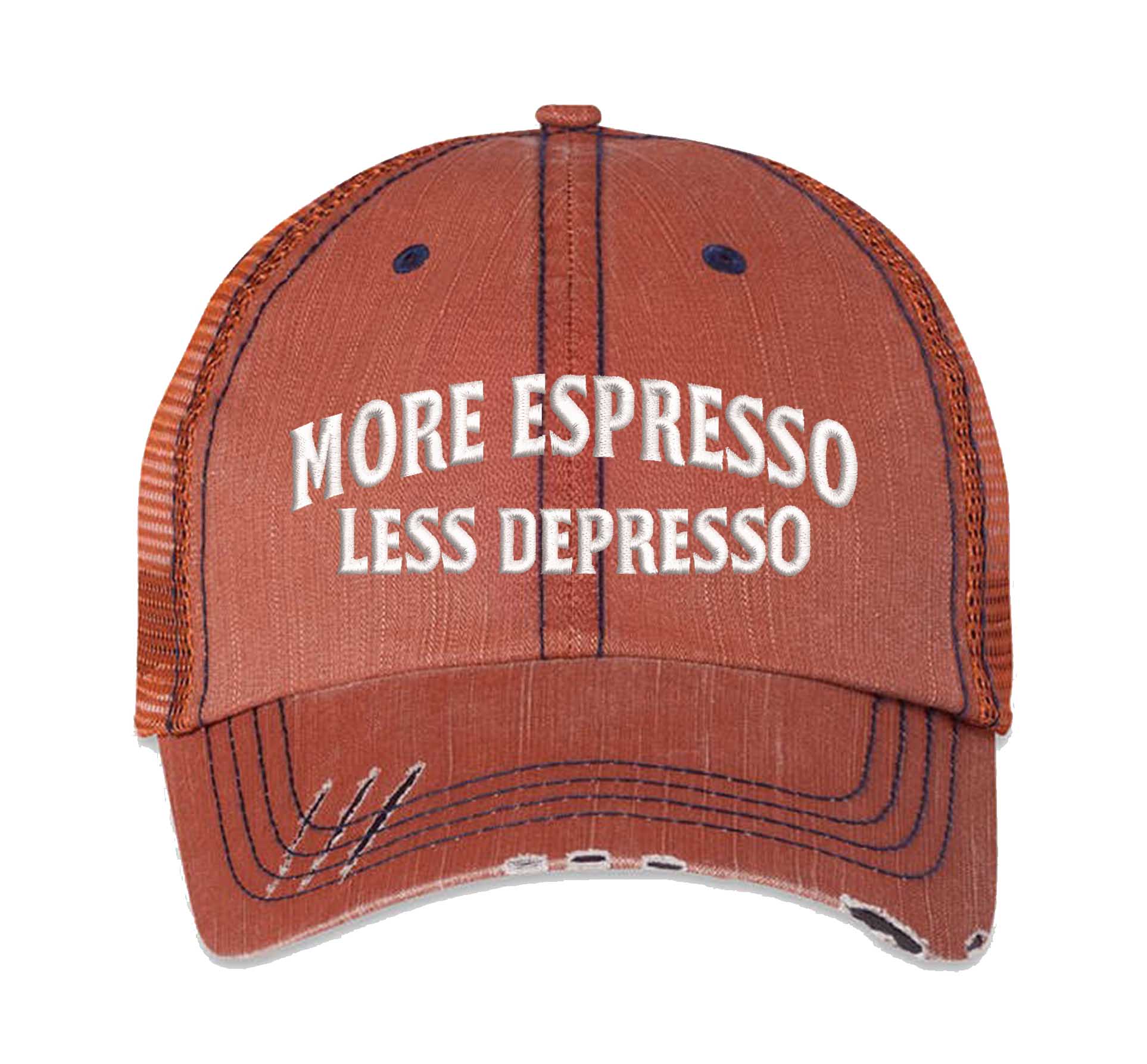 Orange More Espresso Less Depresso Distressed Trucker Hat. This premium vintage-style cap is the perfect gift for the unapologetically bold, featuring a breathable mesh back and custom embroidery. - DSY Lifestyle
