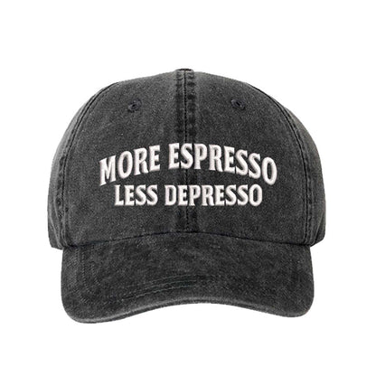 Black More Espresso Less Depresso Washed Statement Baseball Hat – a washed, relaxed-fit statement cap designed for everyday comfort and real-life moods. Trendy, adjustable, and effortlessly stylish. - DSY Lifestyle