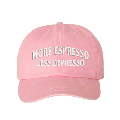 Light Pink More Espresso Less Depresso Washed Statement Baseball Hat – a washed, relaxed-fit statement cap designed for everyday comfort and real-life moods. Trendy, adjustable, and effortlessly stylish. - DSY Lifestyle