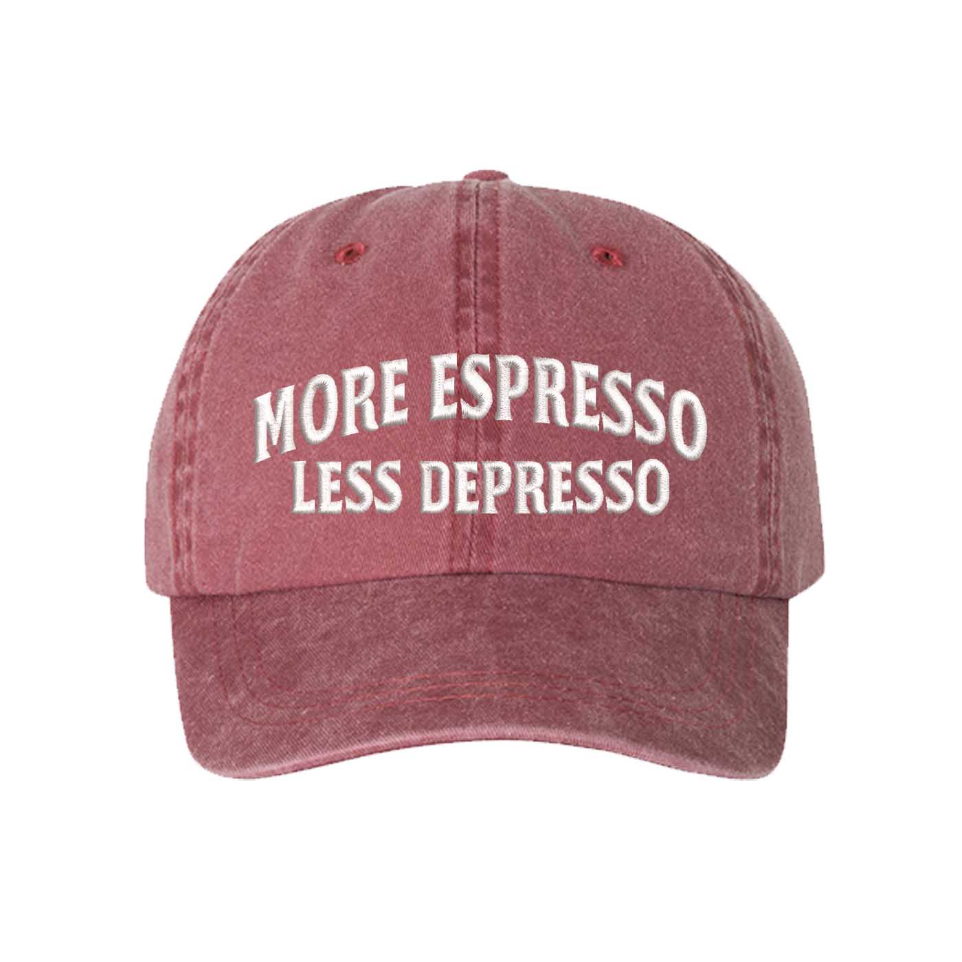 Wine More Espresso Less Depresso Washed Statement Baseball Hat – a washed, relaxed-fit statement cap designed for everyday comfort and real-life moods. Trendy, adjustable, and effortlessly stylish. - DSY Lifestyle