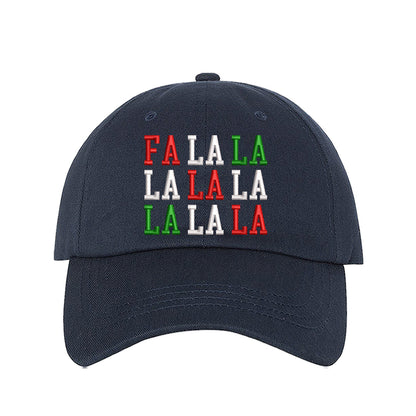 Navy Blue Fa La La Christmas Block Embroidered Baseball Hat featuring festive block embroidery, breathable cotton, and adjustable fit for a merry holiday look. – DSY Lifestyle