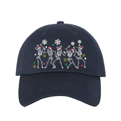 Navy Blue Dancing Skeletons Christmas Embroidered Baseball Hat featuring festive dancing skeleton embroidery and adjustable hook and loop closure – DSY Lifestyle.