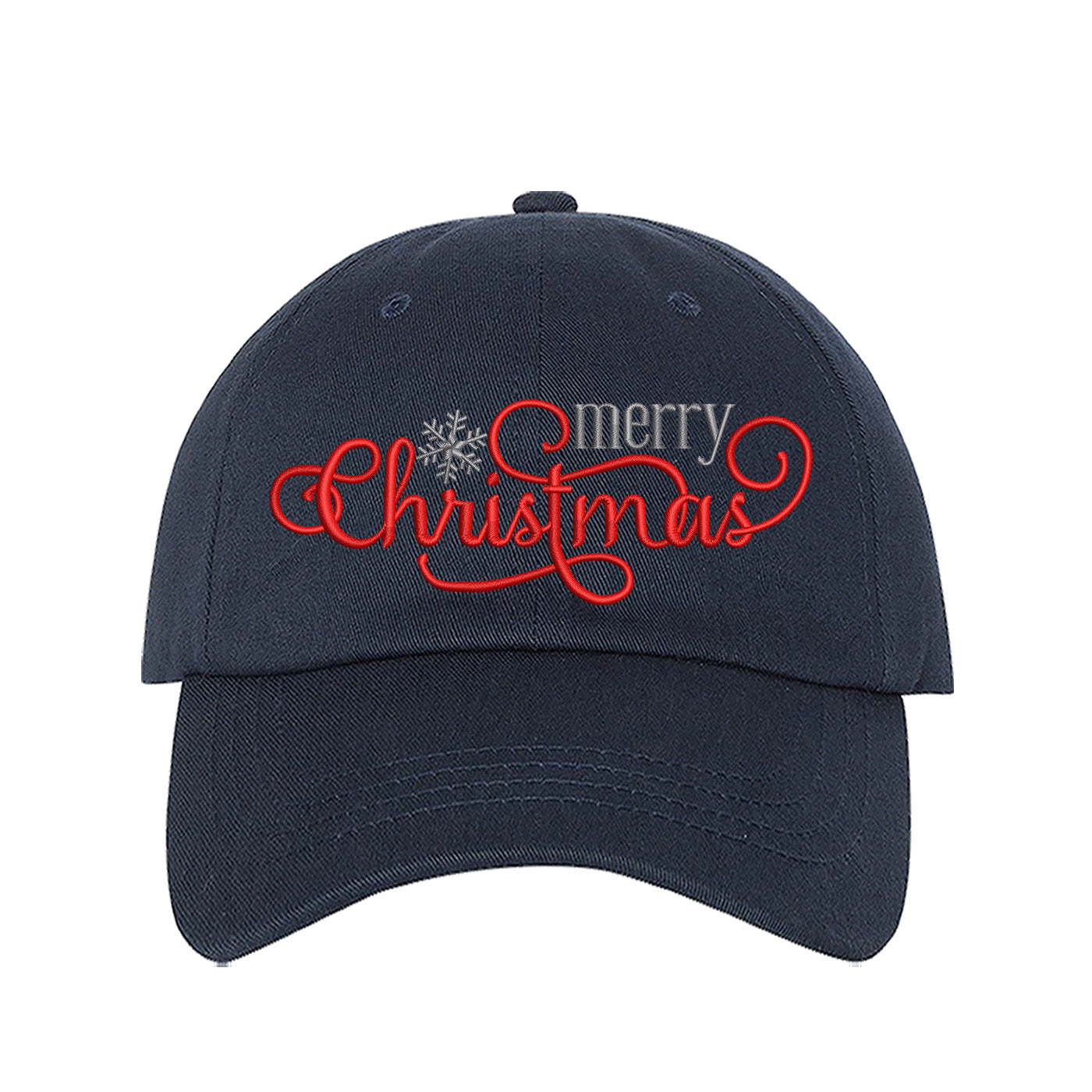 Navy Blue Merry Christmas Snowflake Embroidered Baseball Hat featuring festive red and white embroidery, curved brim, and adjustable hook and loop closure for holiday style. - DSY Lifestyle