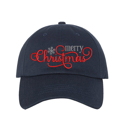 Navy Blue Merry Christmas Snowflake Embroidered Baseball Hat featuring festive red and white embroidery, curved brim, and adjustable hook and loop closure for holiday style. - DSY Lifestyle