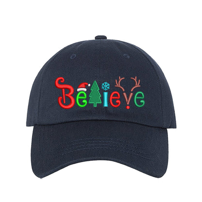 Navy Blue Believe Christmas Embroidered Baseball Hat with festive holiday stitching, curved brim, and adjustable hook-and-loop closure – DSY Lifestyle