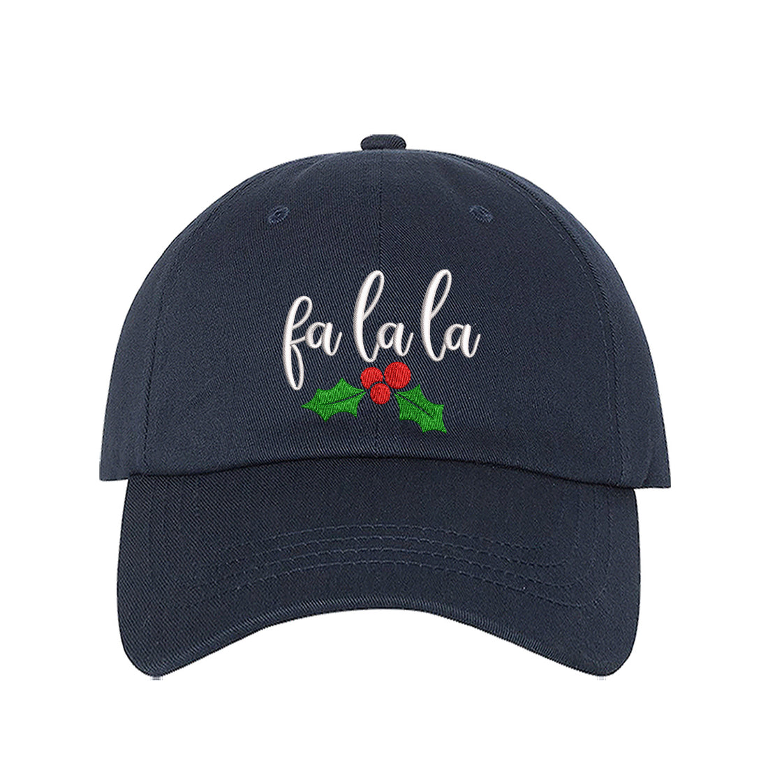 Navy Blue Fa La La Christmas Mistletoe Embroidered Baseball Hat featuring festive holiday embroidery with mistletoe design and adjustable hook and loop fit. – DSY Lifestyle