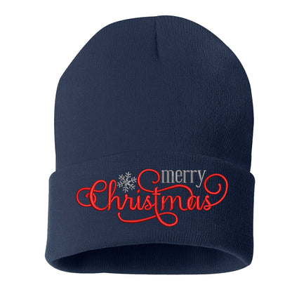 Navy Blue Merry Christmas Snowflakes Embroidered Beanie Cap featuring festive embroidered snowflakes and warm winter knit design – DSY Lifestyle