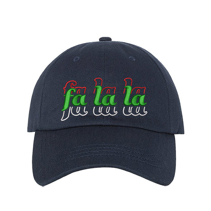 Navy Blue Fa La La Christmas Stacked Embroidered Baseball Hat with festive embroidery and adjustable fit, perfect for holiday style and Christmas cheer – DSY Lifestyle.