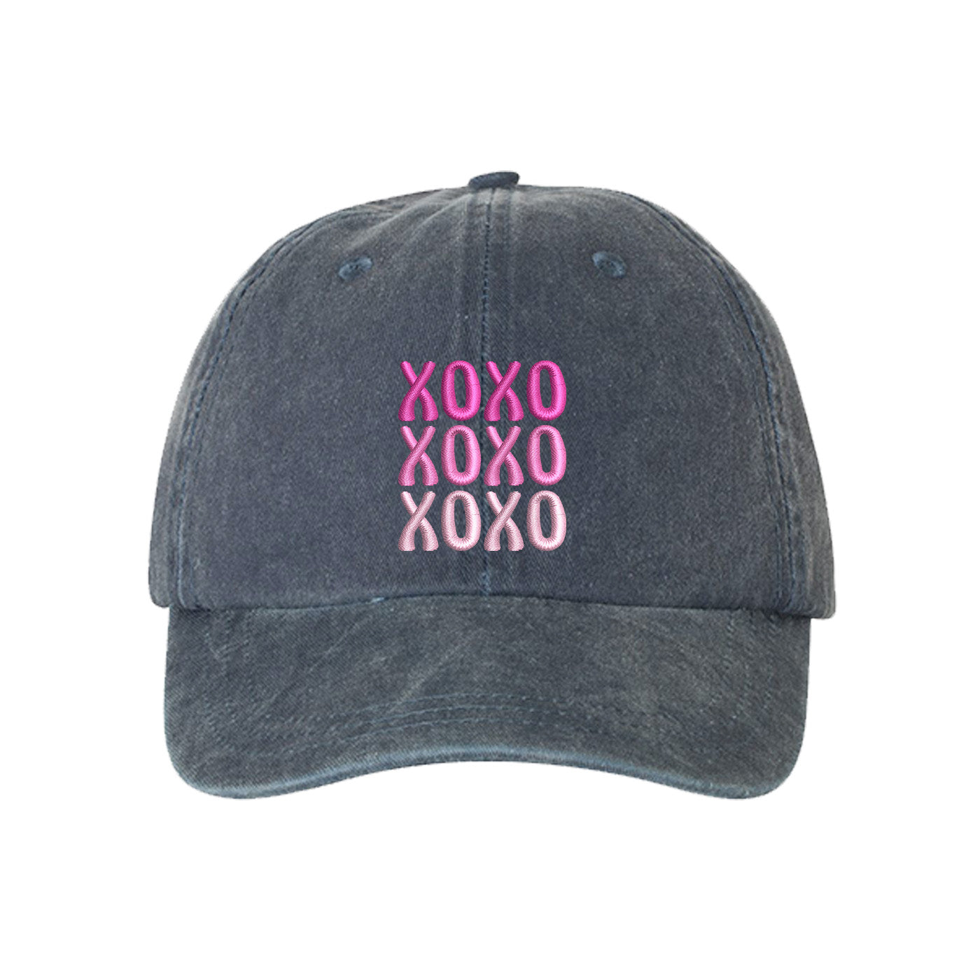Navy XOXO Washed Baseball Hat featuring white "XOXO" embroidery on a vintage-washed charcoal dad cap by DSY Lifestyle.