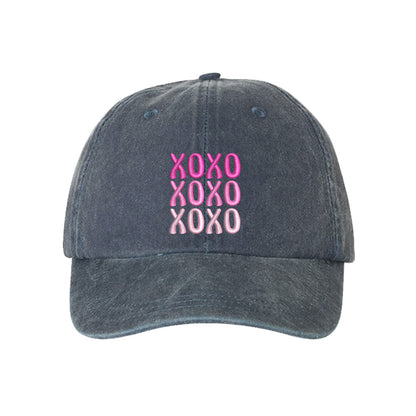 Navy XOXO Washed Baseball Hat featuring white "XOXO" embroidery on a vintage-washed charcoal dad cap by DSY Lifestyle.