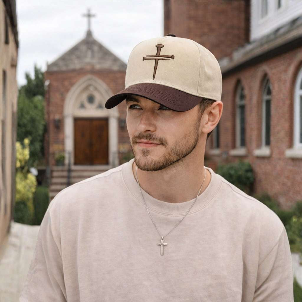Handsome male standing outside or church building wearing a Natural Brown Nail Cross 3D Puff Two-Tone Baseball Hat featuring a raised nail cross on a structured natural crown with a contrasting visor; a premium faith statement by DSY Lifestyle.