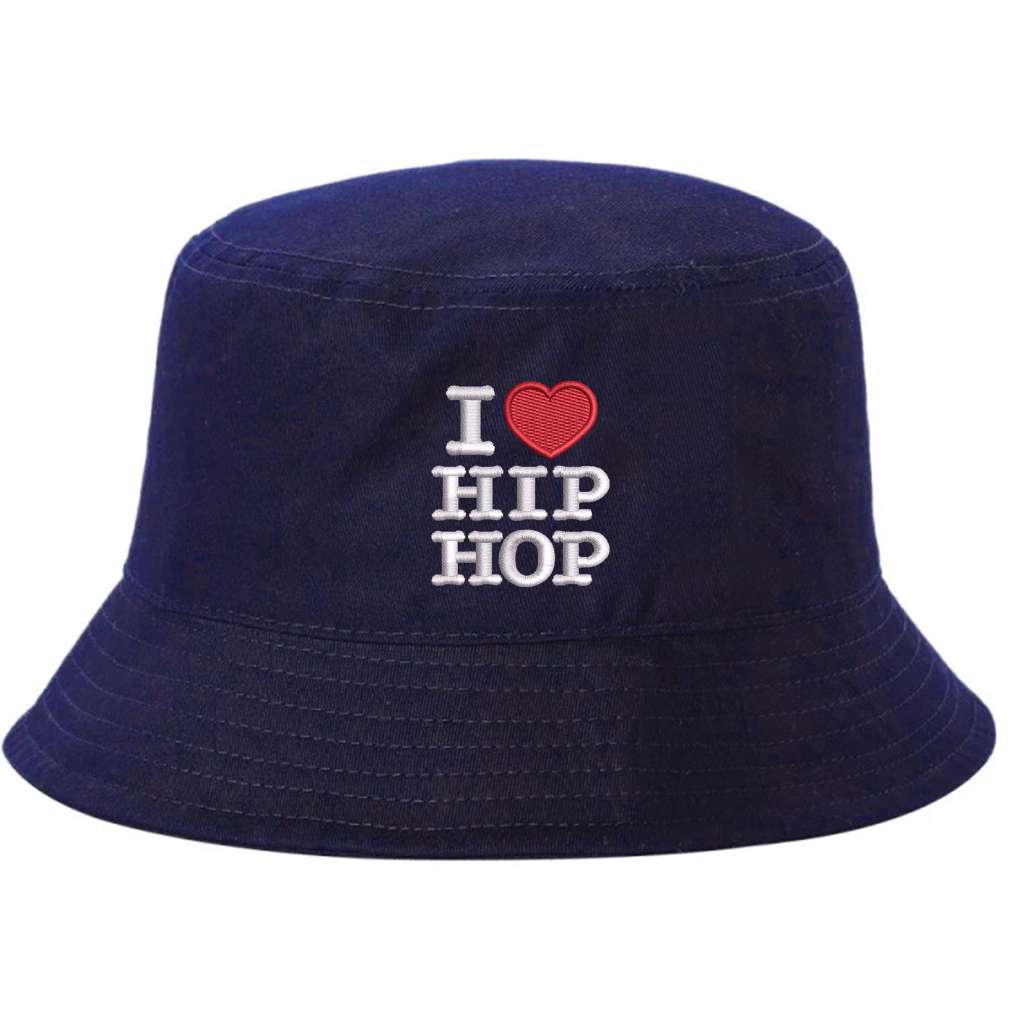 Navy blue bucket hat embroidered with the phrase i love hip hop but love is a heart-DSY Lifestyle