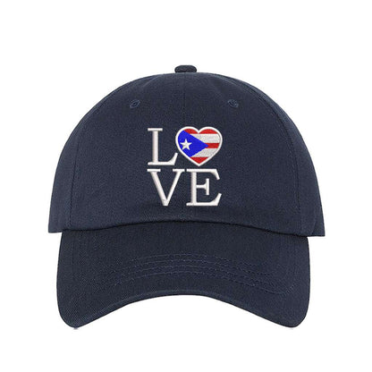 Navy blue baseball hat embroidered with Love but. the o in love is a heart with the puerto rico flag in it- DSY Lifestyle