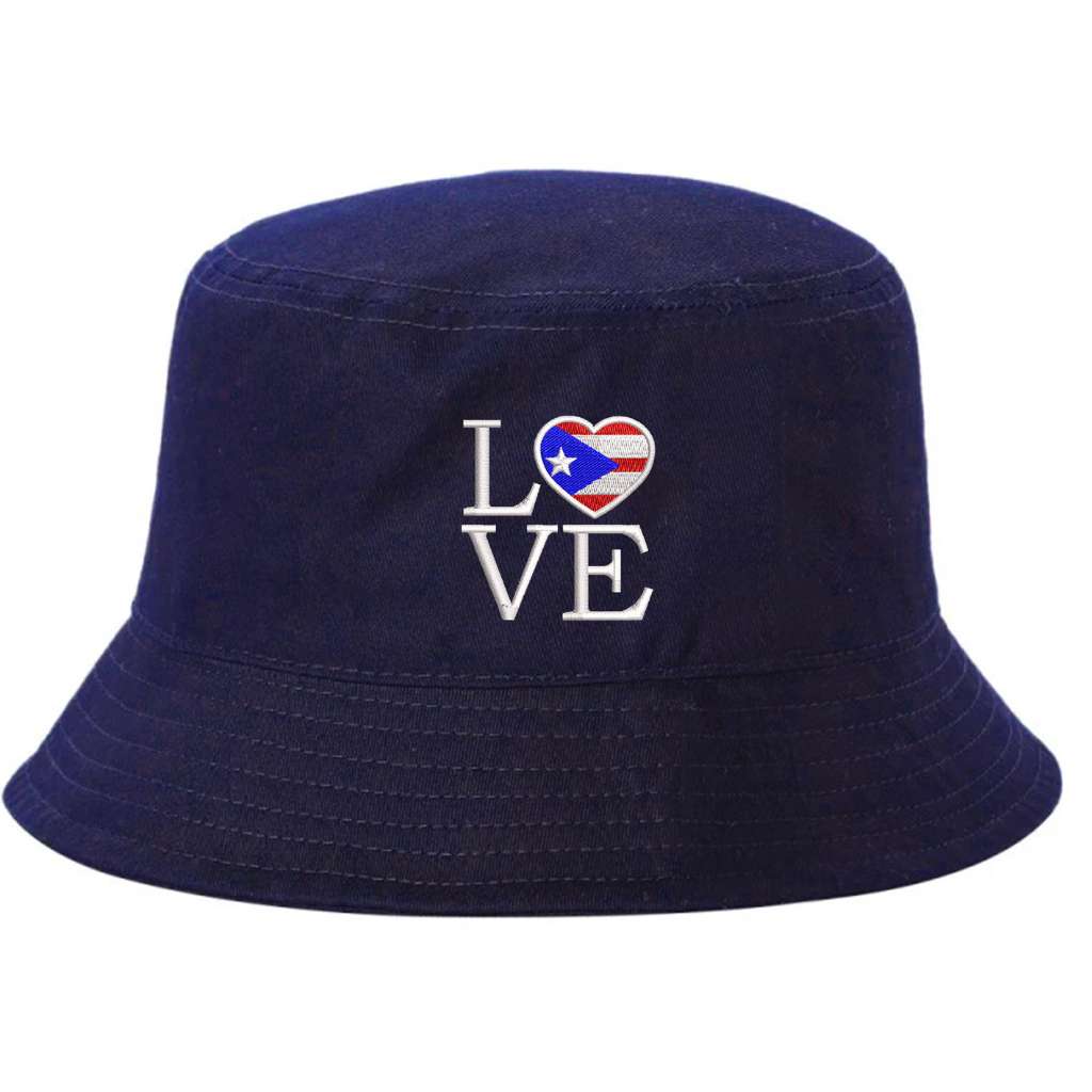 Navy Blue bucket hag embroidered with the word love but the o is a heart and has the puerto rican flag inside- DSY Lifestyle