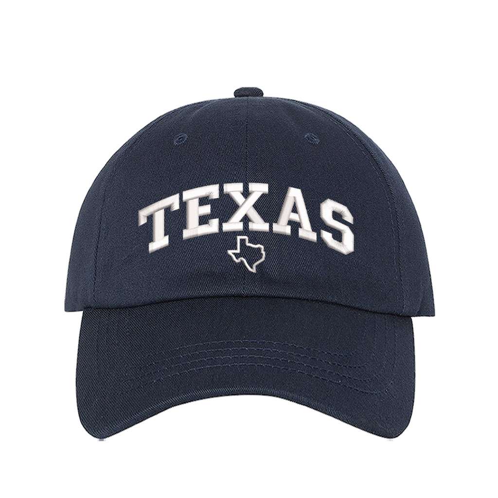 Navy blue baseball hat embroidered with the word texas and a small map of texas underneath the word- DSY Lifestyle