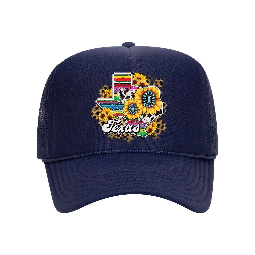 Navy blue foam trucker hat printed with the texas map and sunflowers around it-DSY Lifestyle