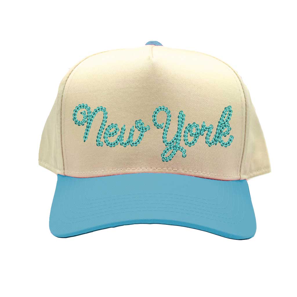 Natural Aqua embroidered 5-panel baseball cap with a two-tone design, featuring a structured fit and adjustable strap - DSY Lifestyle
