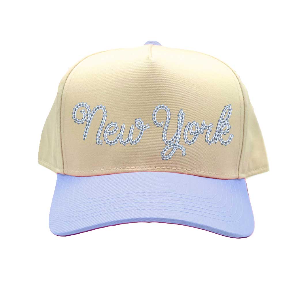 Natural Light Blue New York chain stitch embroidered 5-panel baseball cap with a two-tone design, featuring a structured fit and adjustable strap - DSY Lifestyle