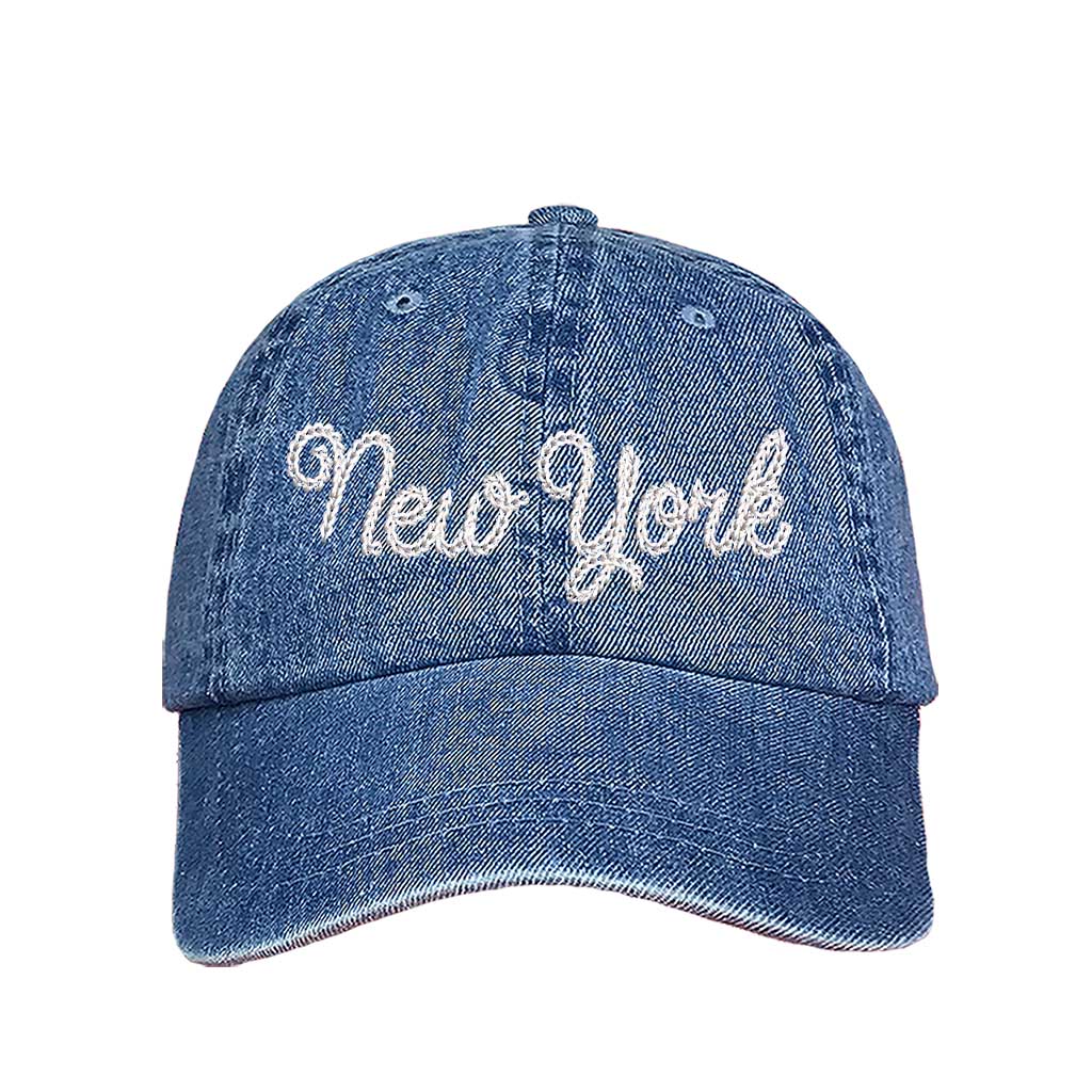 Light Denim New York Chain Stitch Baseball Hat – A bold, embroidered cap with a sleek, minimalist design, perfect for repping NYC in style – DSY Lifestyle