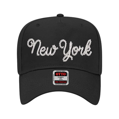 Black New York Chain Stitch Solid 5 Panel Baseball Hat – A bold, embroidered cap with a minimalist design, perfect for repping NYC in style – DSY Lifestyle