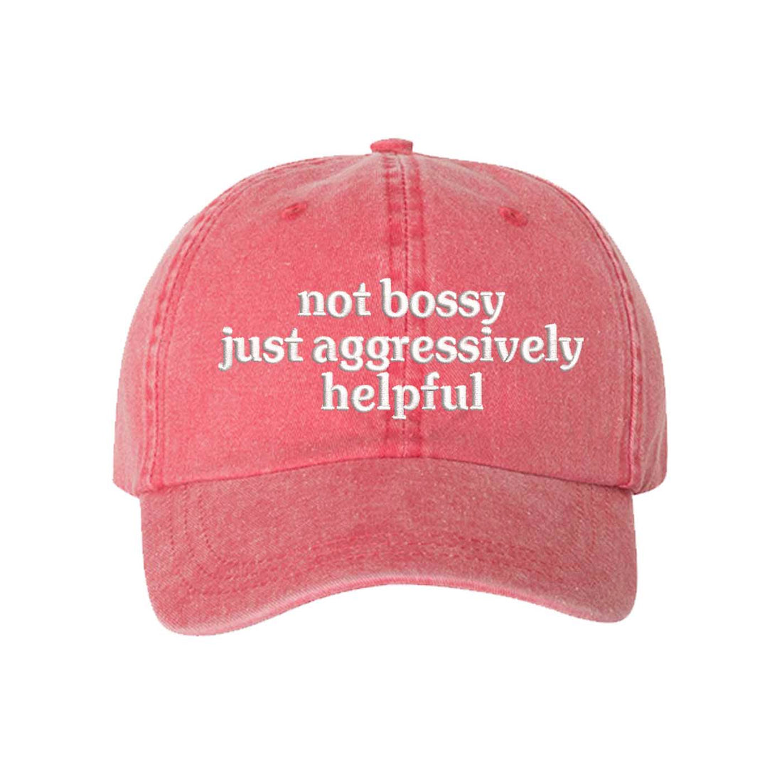 Red Not Bossy Just Aggressively Helpful Washed Statement Baseball Hat – a washed, relaxed-fit statement cap designed for everyday comfort and real-life moods. Trendy, adjustable, and effortlessly stylish. - DSY Lifestyle