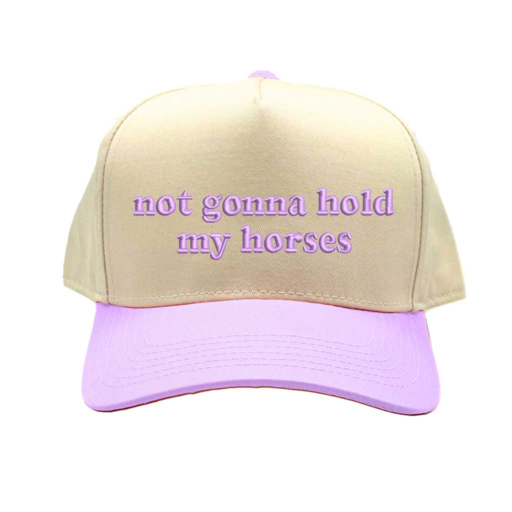 Natural Lavender Two-tone 5-panel baseball hat with &quot;Not Gonna Hold My Horses&quot; embroidered on front, designed for trendy casual outfits and Western-inspired streetwear. - DSY Lifestyle.