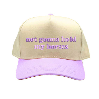 Natural Lavender Two-tone 5-panel baseball hat with &quot;Not Gonna Hold My Horses&quot; embroidered on front, designed for trendy casual outfits and Western-inspired streetwear. - DSY Lifestyle.