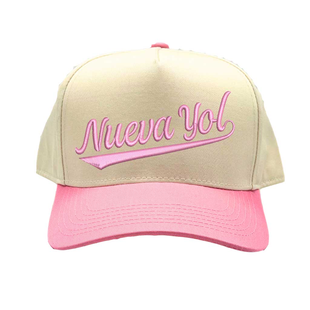 Natural Light Pink front view of a two-tone baseball hat featuring "Nueva Yol" in bold 3D raised embroidery on the center crown. - DSY Lifestyle