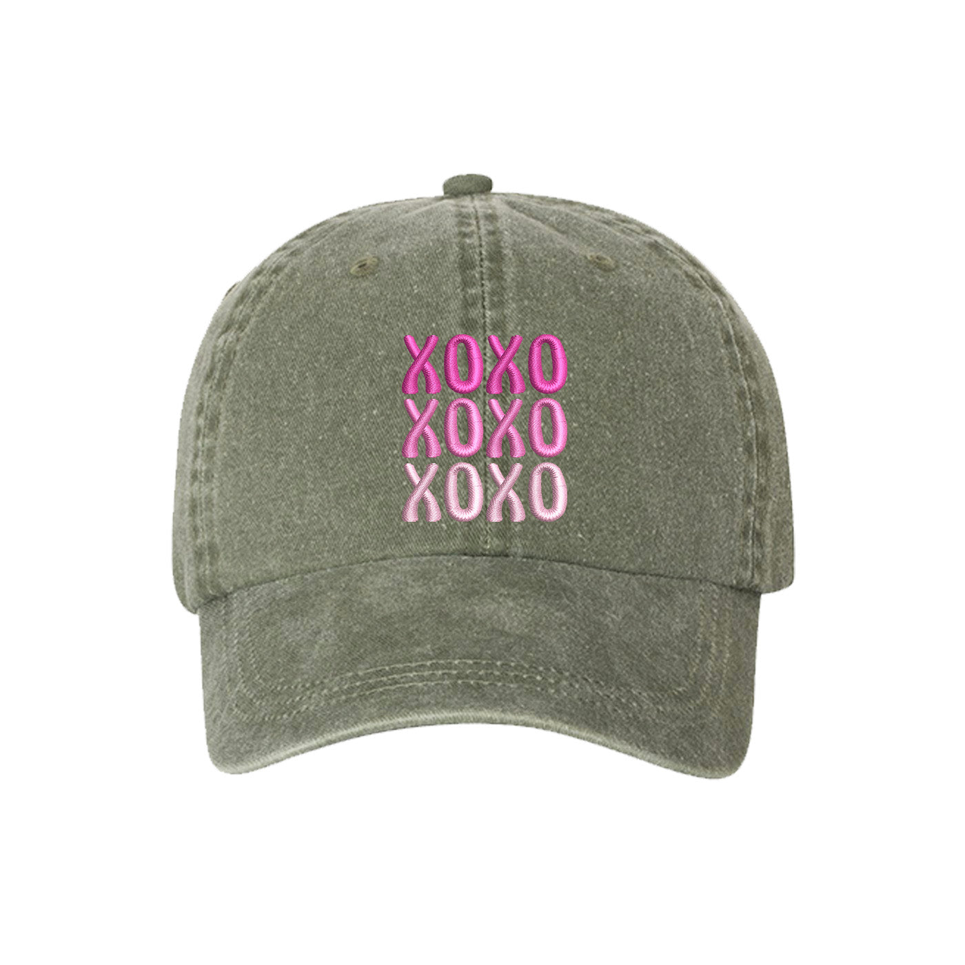 Olive XOXO Washed Baseball Hat featuring white "XOXO" embroidery on a vintage-washed charcoal dad cap by DSY Lifestyle.