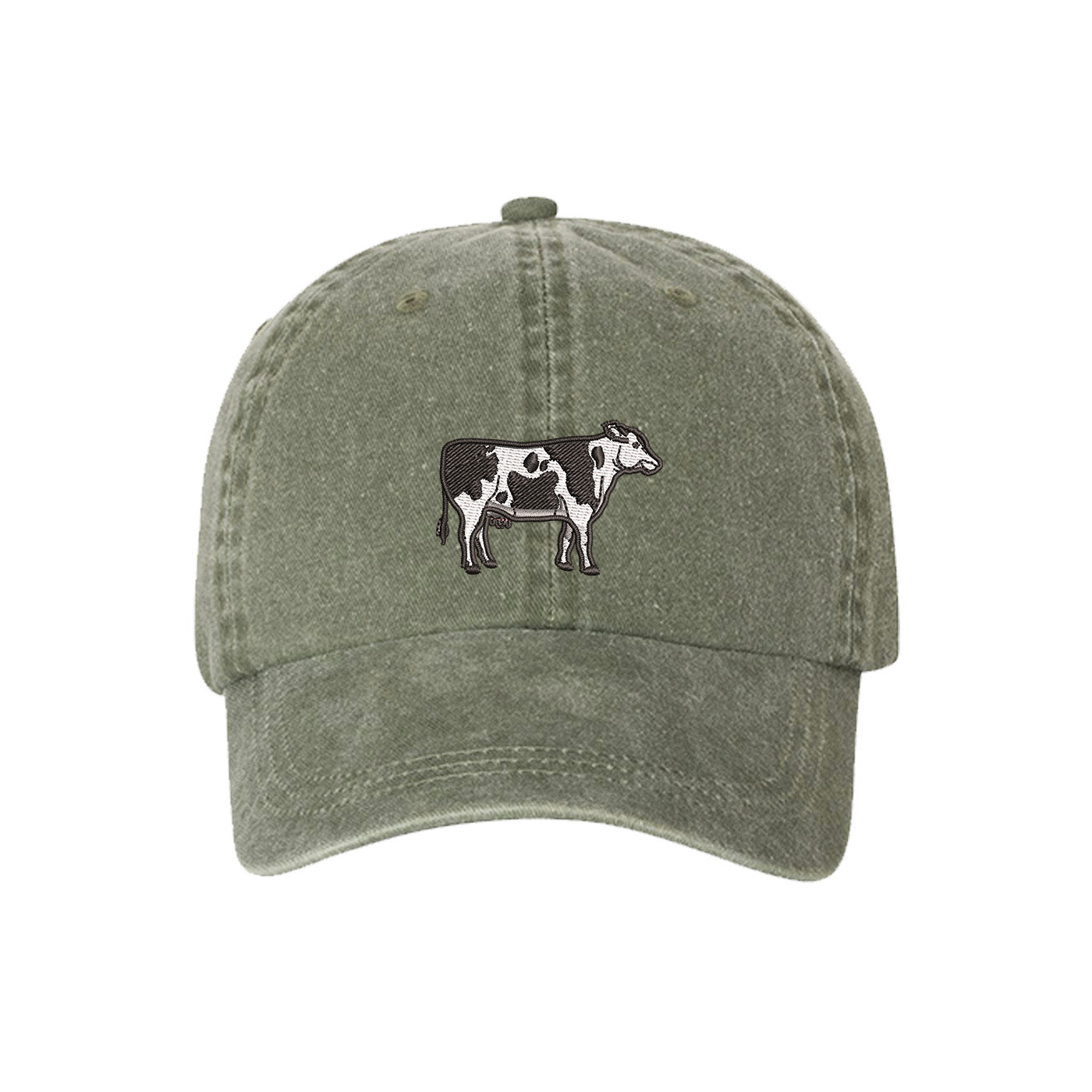 Olive Holstein Cow Washed Baseball Hat featuring a detailed black and white Holstein cow embroidered on a premium washed cotton crown; a heritage-inspired farm life piece by DSY Lifestyle.