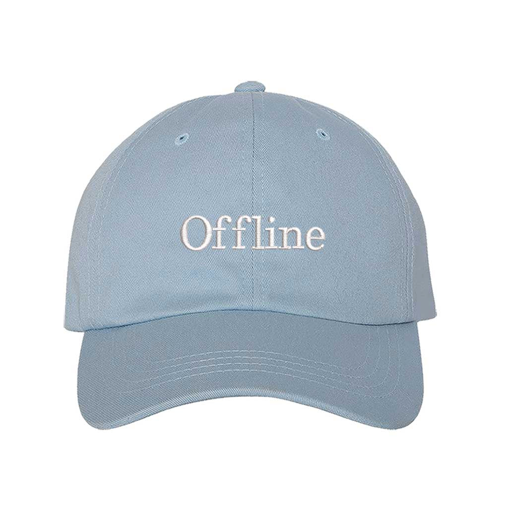 Light Blue Offline Embroidered Baseball Hat featuring clean white embroidery on a premium classic dad cap; a minimalist lifestyle statement by DSY Lifestyle.