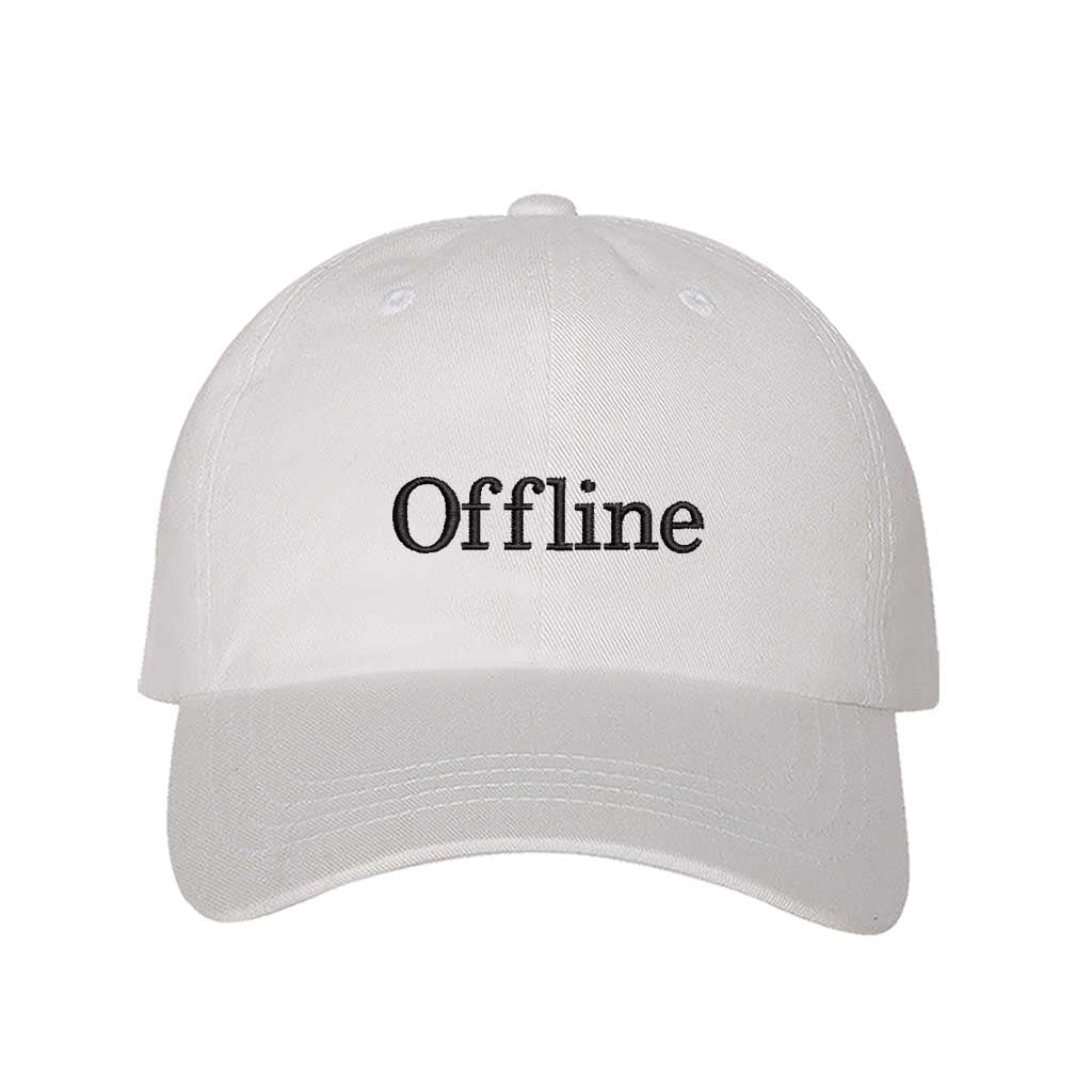 White Offline Embroidered Baseball Hat featuring clean white embroidery on a premium classic dad cap; a minimalist lifestyle statement by DSY Lifestyle.