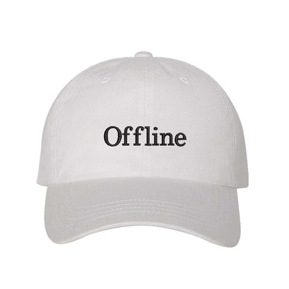 White Offline Embroidered Baseball Hat featuring clean white embroidery on a premium classic dad cap; a minimalist lifestyle statement by DSY Lifestyle.