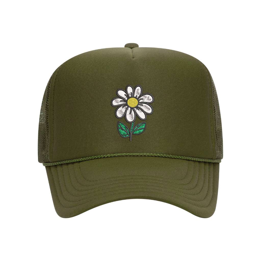 Olive foam trucker hat embroidered with a daisy stem flower- DSY Lifestyle