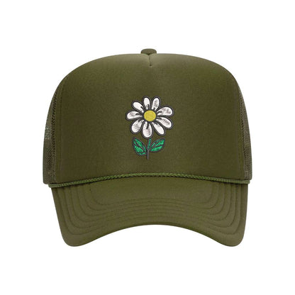 Olive foam trucker hat embroidered with a daisy stem flower- DSY Lifestyle