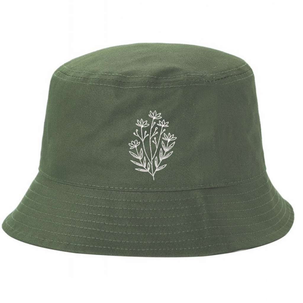 Olive green bucket hat with a wildflower embroidered on it- DSY Lifestyle