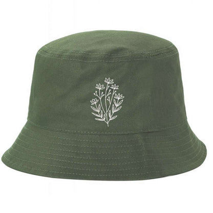 Olive green bucket hat with a wildflower embroidered on it- DSY Lifestyle