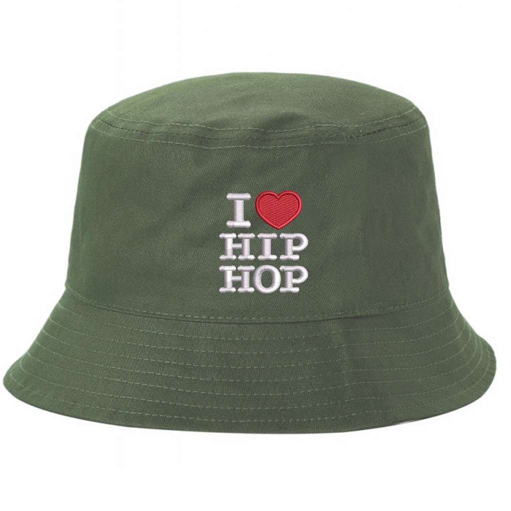 Olive bucket hat embroidered with the phrase i love hip hop but love is a heart-DSY Lifestyle