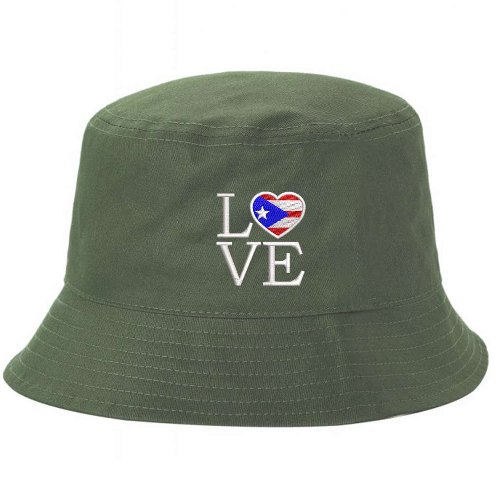 Olive bucket hag embroidered with the word love but the o is a heart and has the puerto rican flag inside- DSY Lifestyle