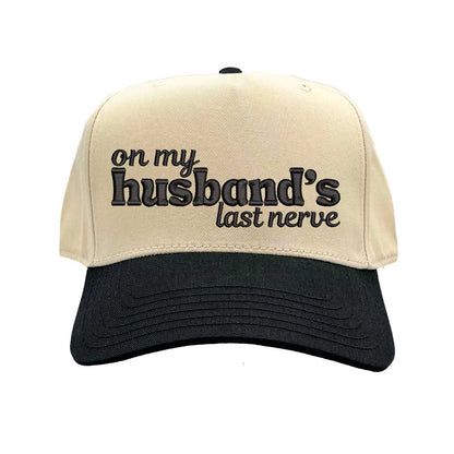 Natural Black Funny “On My Husband’s Last Nerve” Two-Tone 5-Panel Baseball Hat with adjustable strap and bold statement text – DSY Lifestyle.