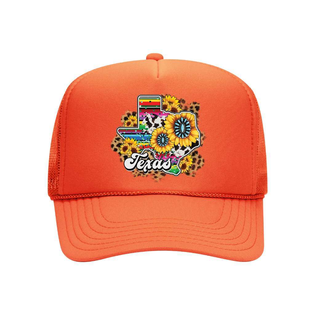 Orange foam trucker hat printed with the texas map and sunflowers around it-DSY Lifestyle