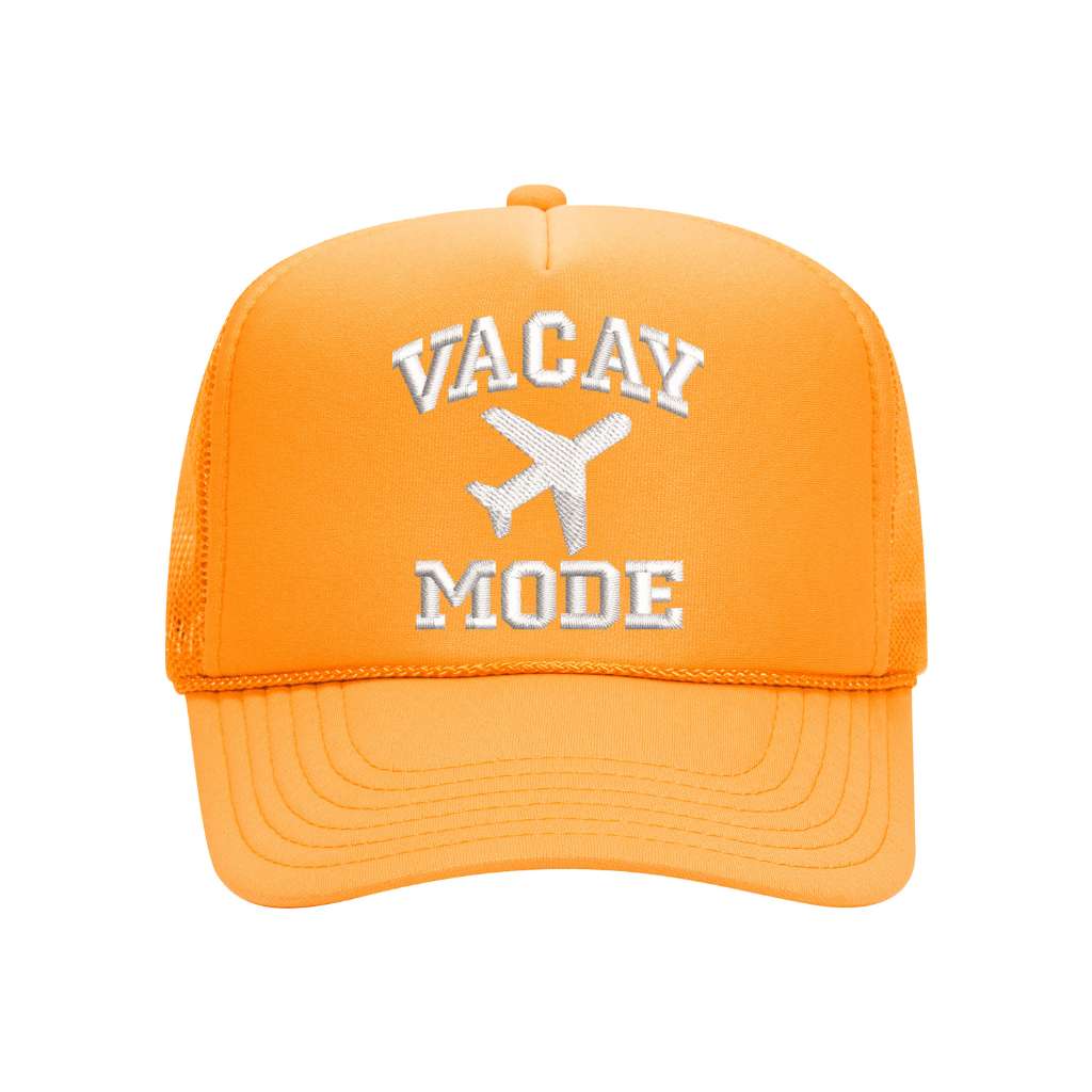 Orange foam trucker hat embroidered with the phrase vacay mode and a airplane- DSY Lifestyle