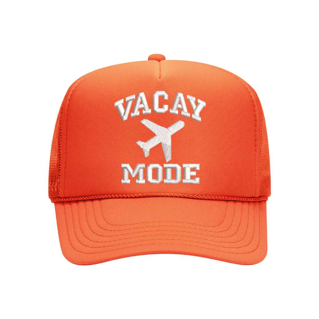 Orange foam trucker hat embroidered with the phrase vacay mode and a airplane- DSY Lifestyle