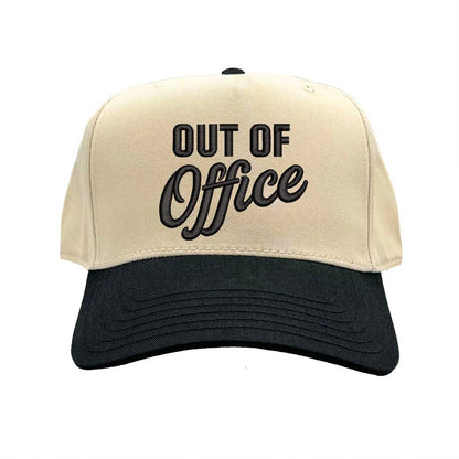 Natural Black Two-tone Out of Office embroidered dad hat with white front panel and beige brim, featuring bold black text and adjustable strap. – DSY Lifestyle.