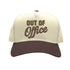 Natural Brown Two-tone Out of Office embroidered dad hat with white front panel and beige brim, featuring bold black text and adjustable strap. – DSY Lifestyle.
