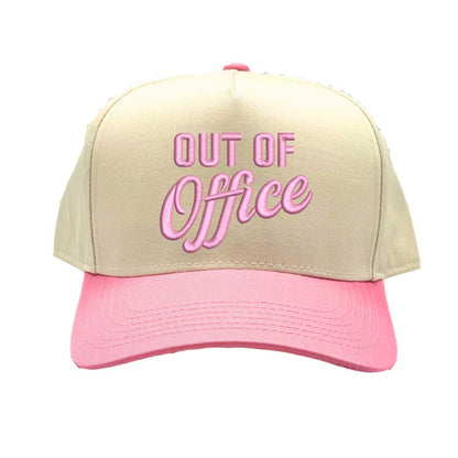 Natural Light Pink Two-tone Out of Office embroidered dad hat with white front panel and beige brim, featuring bold black text and adjustable strap. – DSY Lifestyle.