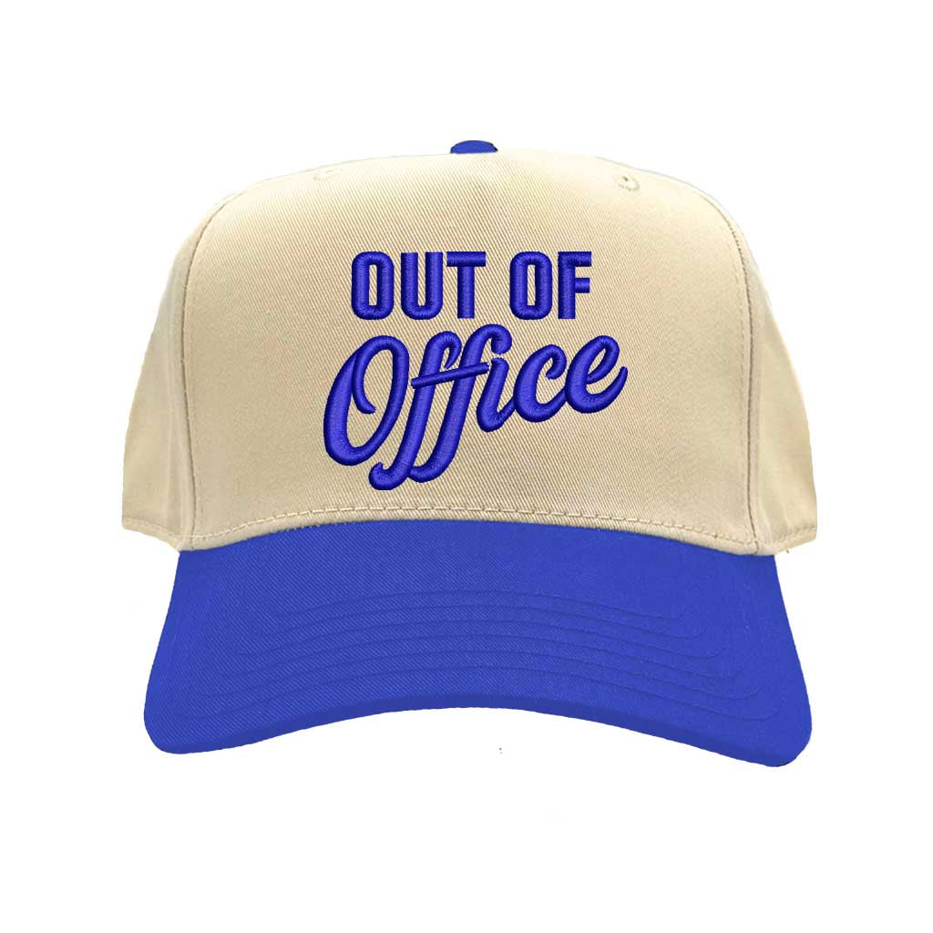 Natural Royal Blue Two-tone Out of Office embroidered dad hat with white front panel and beige brim, featuring bold black text and adjustable strap. – DSY Lifestyle.